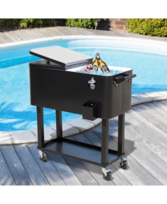 80 QT Rolling Cooling Bins Ice Chest on Wheels Outdoor Stand Up Drink Cooler Cart for Party, Black