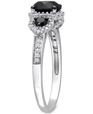 Black Diamond (1-3/4 ct. t.w.) White Diamond (1/4 ct. t.w.) 3-Stone Halo Engagement Ring in 14k White Gold