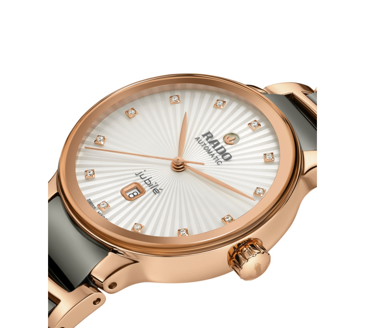 Rado Unisex Swiss Automatic Centrix Diamond (1/20 ct. t.w.) Gray High-Tech Ceramic & Rose Gold Pvd Stainless Steel Bracelet Watch 31mm