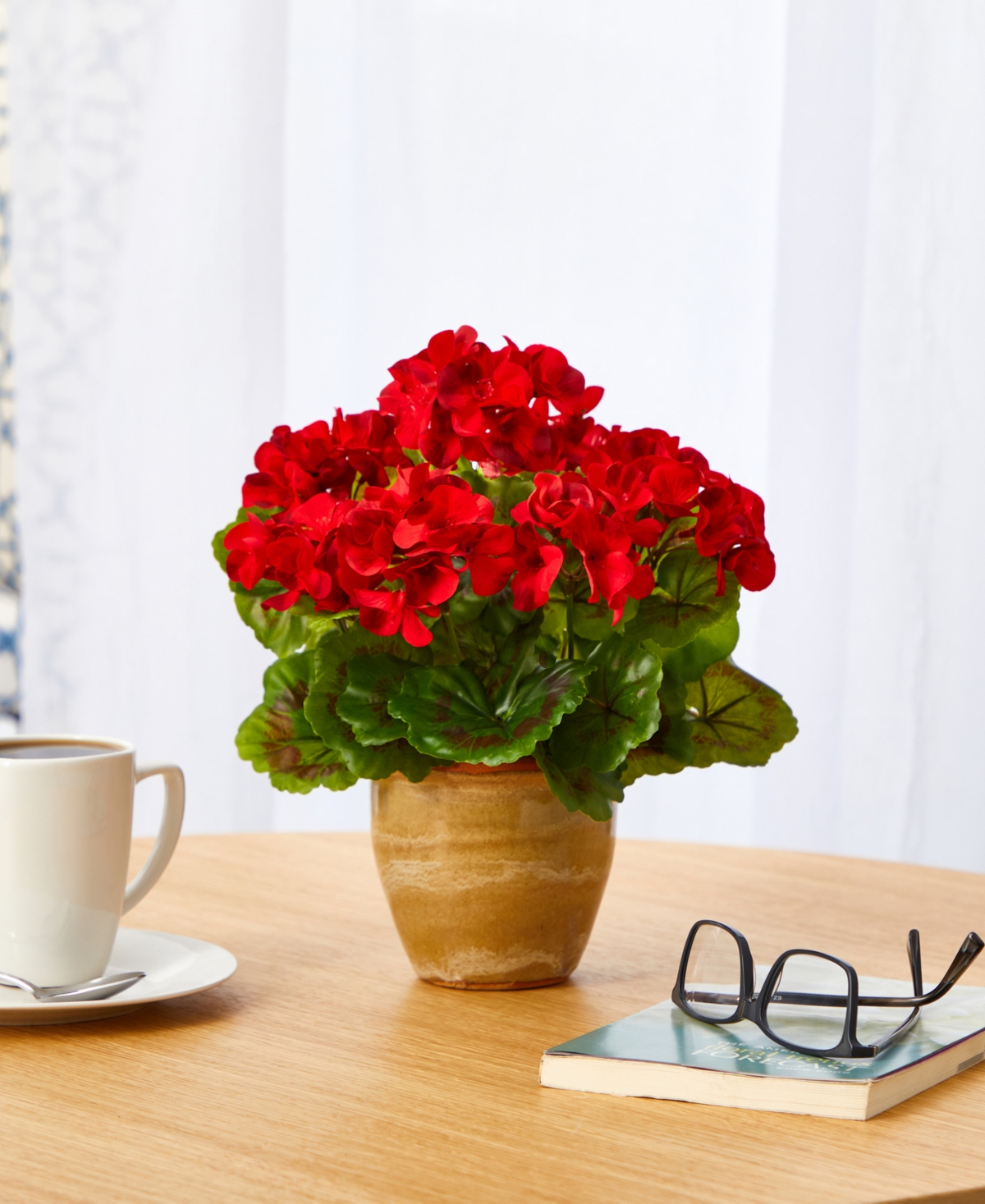 Nearly Natural Geranium Artificial Plant In Ceramic Planter, Indoor And Outdoor In Red