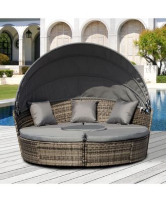 4-Piece Rattan Patio Furniture Set, Round Convertible Daybed or Sunbed with Adjustable Sun Canopy, Sectional Sofa, 2 Chairs, Table, 3 Pillows, Gray