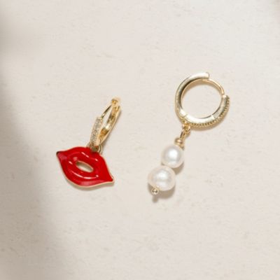 18K Gold-Plated Mismatched Huggie Earrings with Lip Charm & Freshwater Pearls