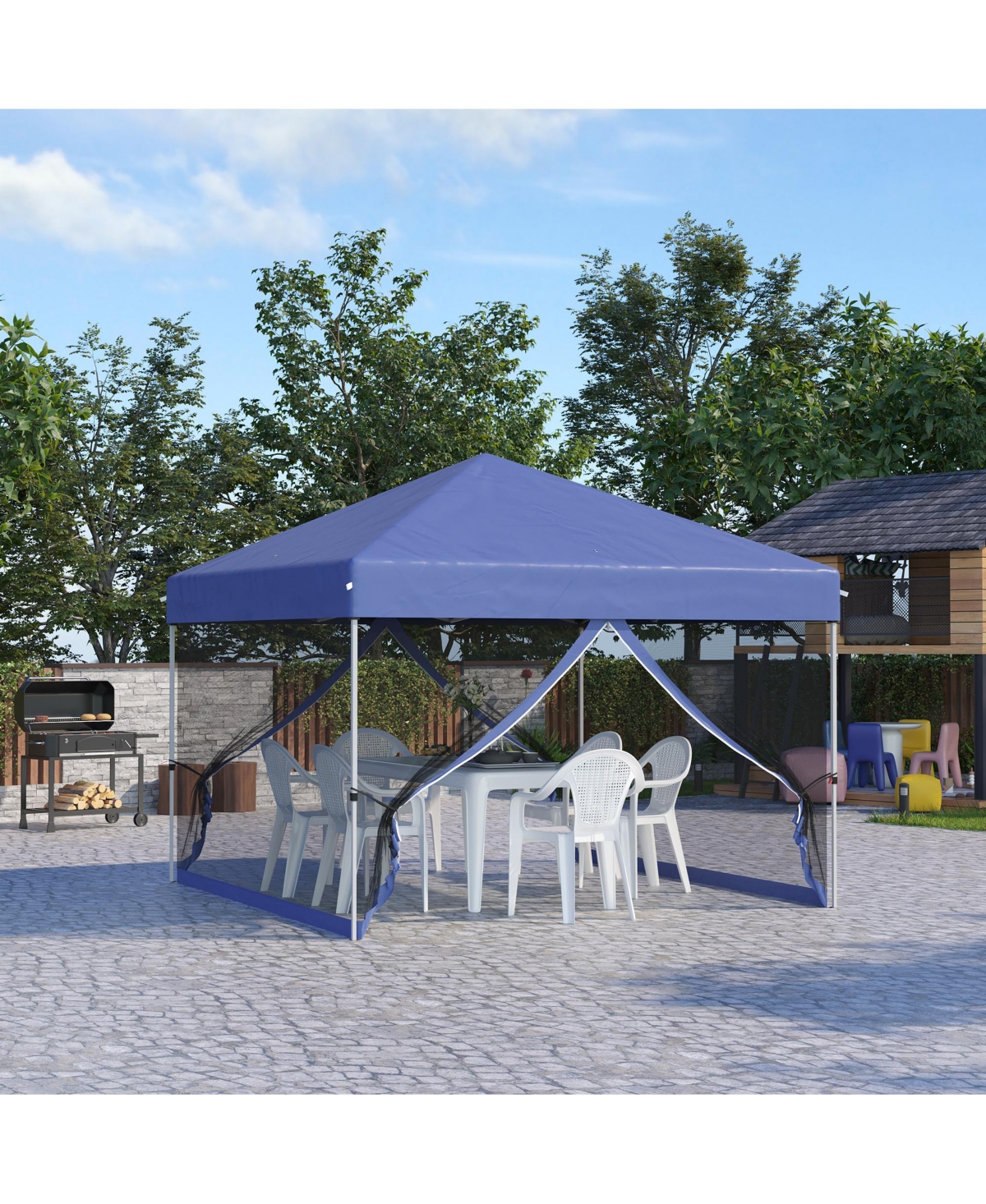 Outsunny Pop Up Canopy Party Tent with 3-Level Adjustable Height, Easy Move Roller Bag, Blue