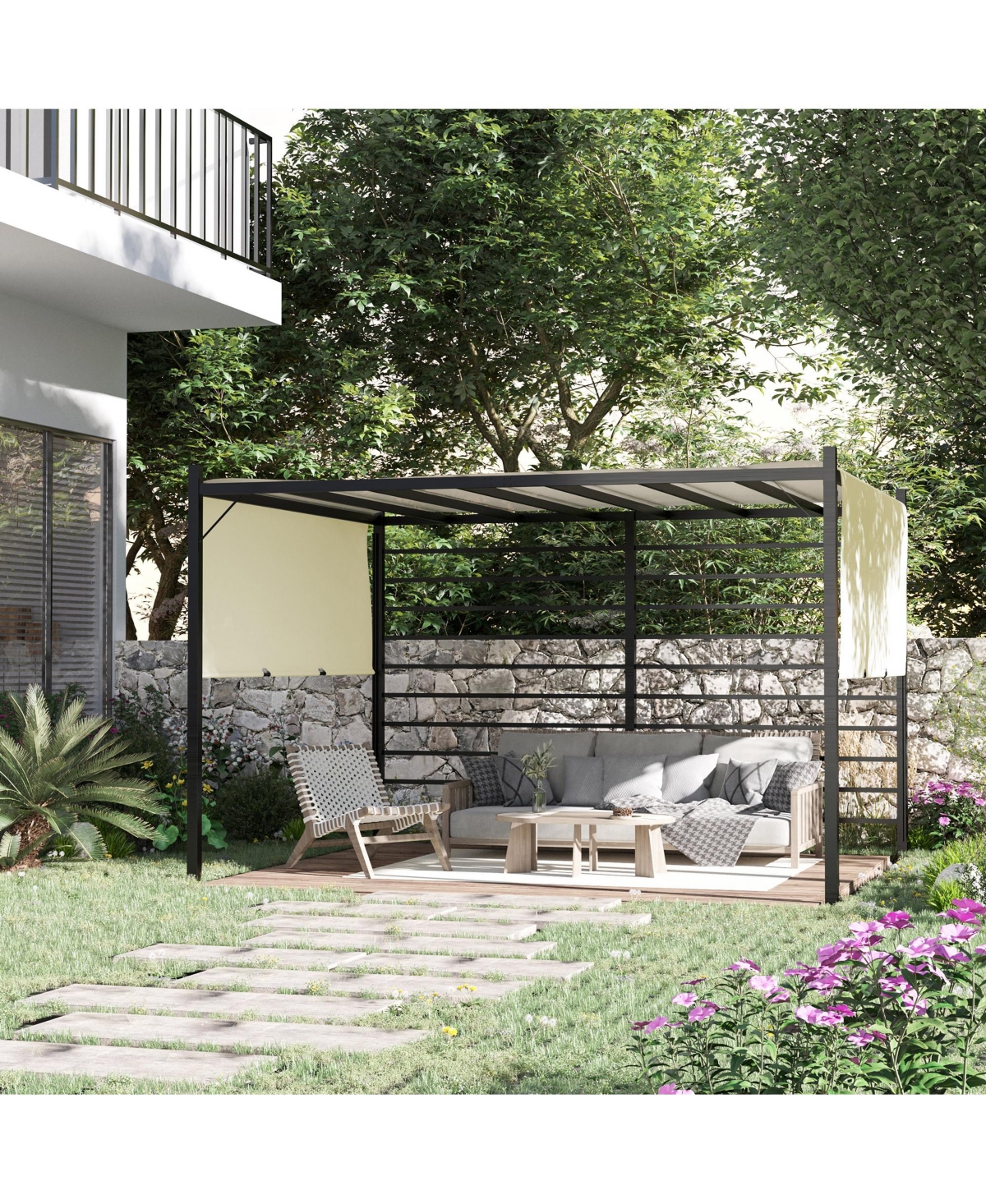 12' x 10' Outdoor Pergola Patio Gazebo Retractable Canopy Steel Sun Shelter for Porch Party, Garden, Beige - Beige