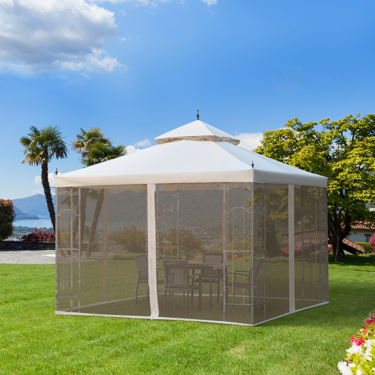 Outsunny 10' x 10' Steel Outdoor Patio Gazebo Canopy with Removable Mesh Curtains, Display Shelves, & Steel Frame, Cream- White