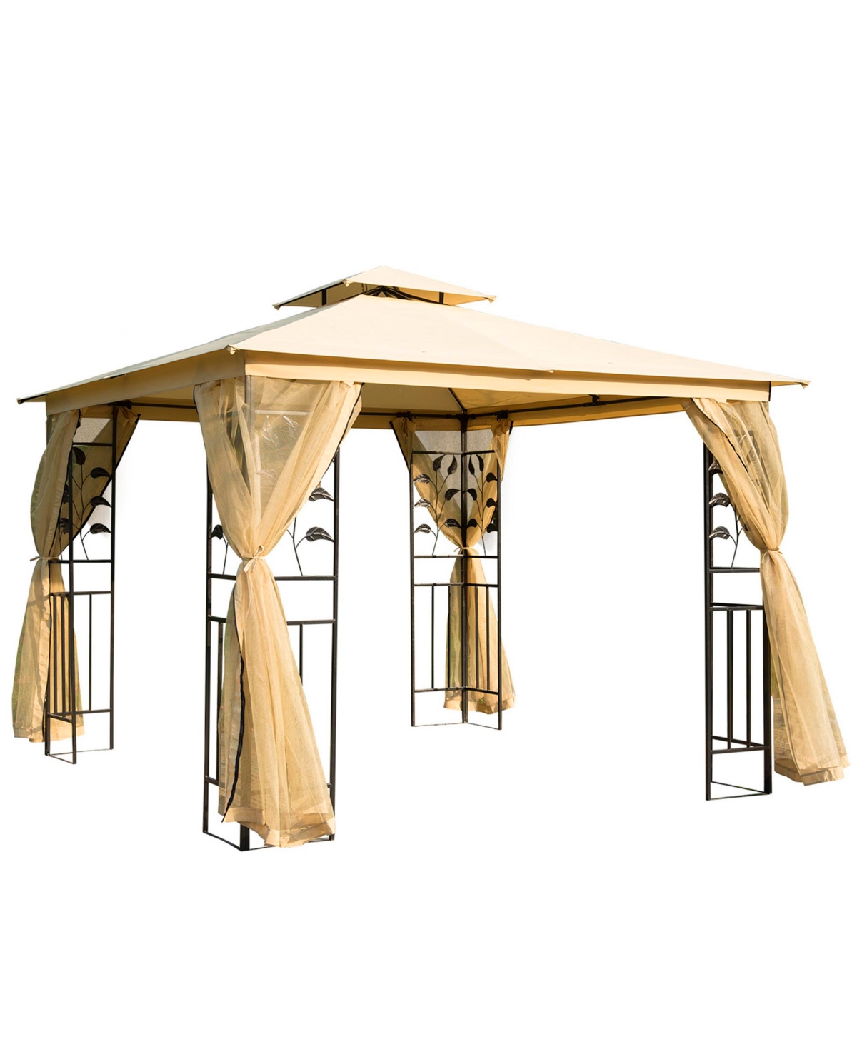 10' x 10' Outdoor Patio Gazebo Canopy with 2-Tier Polyester Roof, Mesh Netting Sidewalls, and Steel Frame Beige - Beige