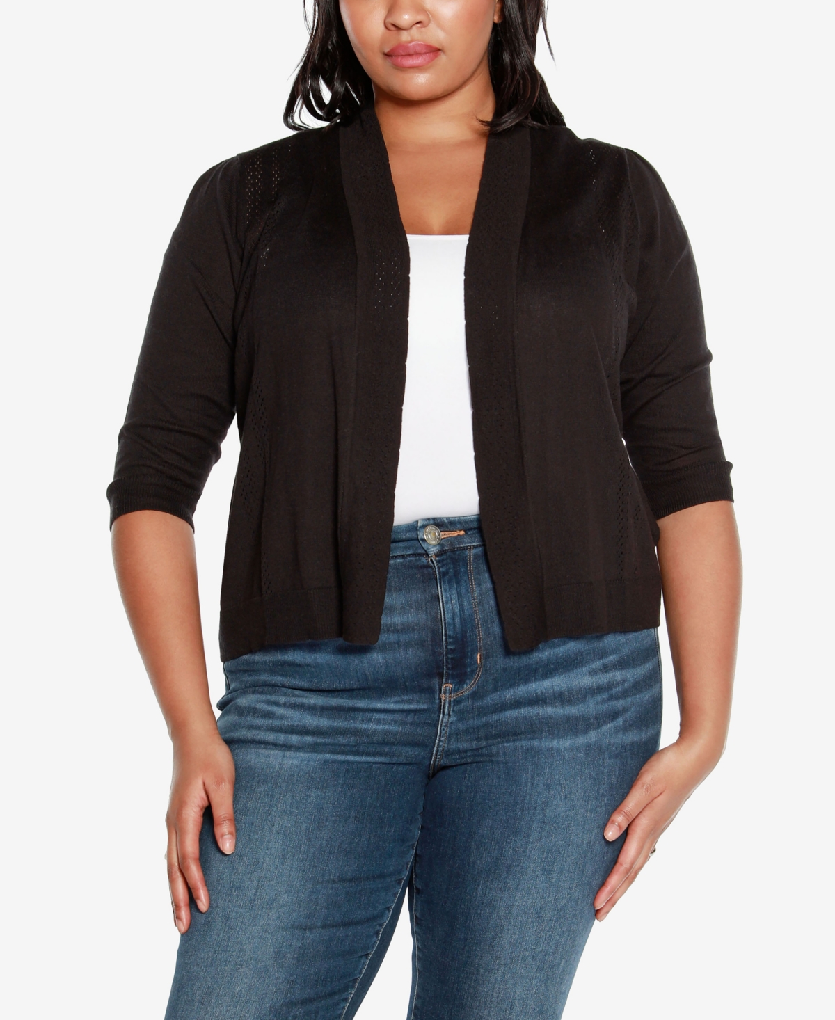 Belldini Plus Size 3/4 Sleeve Open Cardigan Sweater In Black