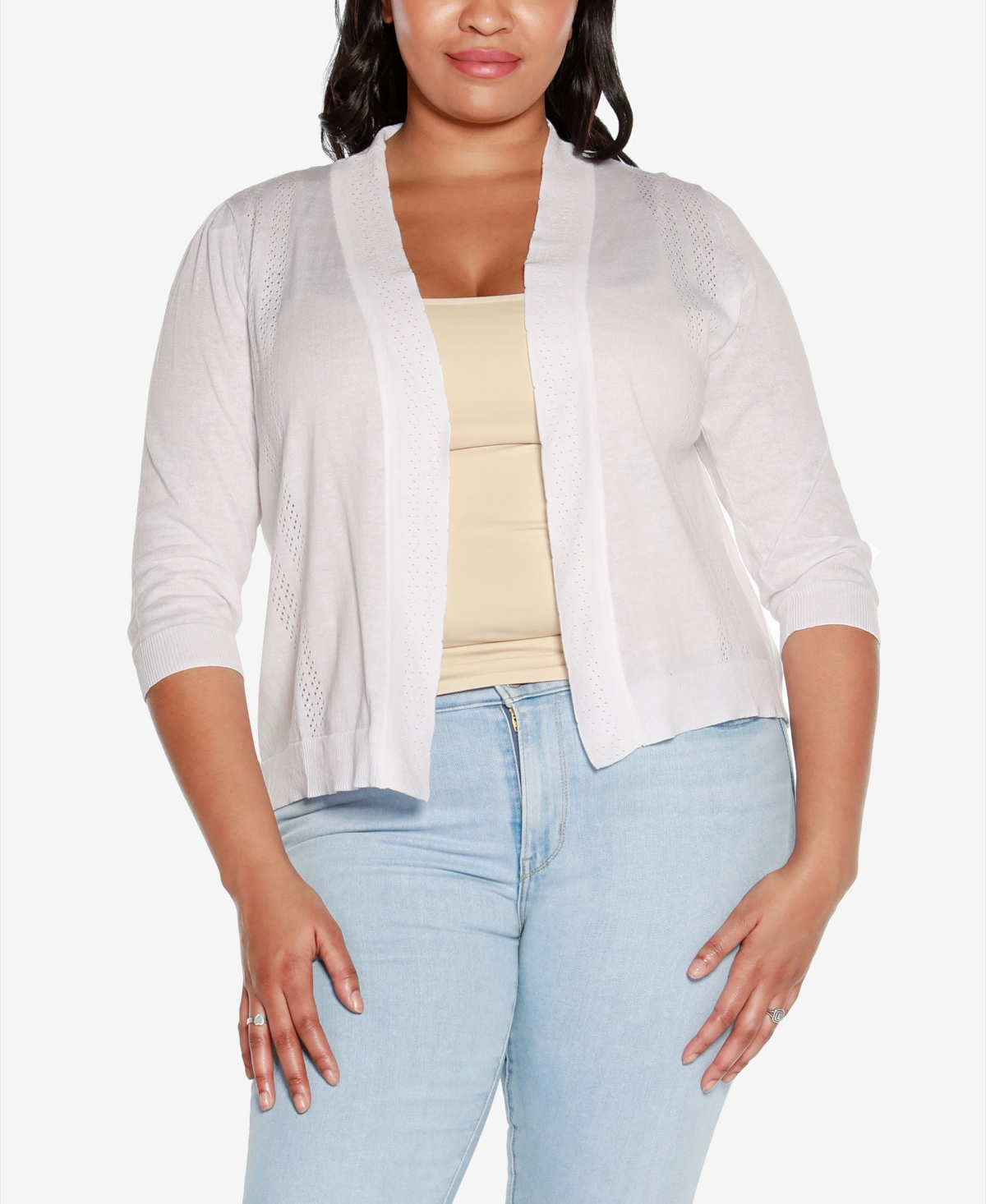 Belldini Plus Size 3/4 Sleeve Open Cardigan Sweater In White