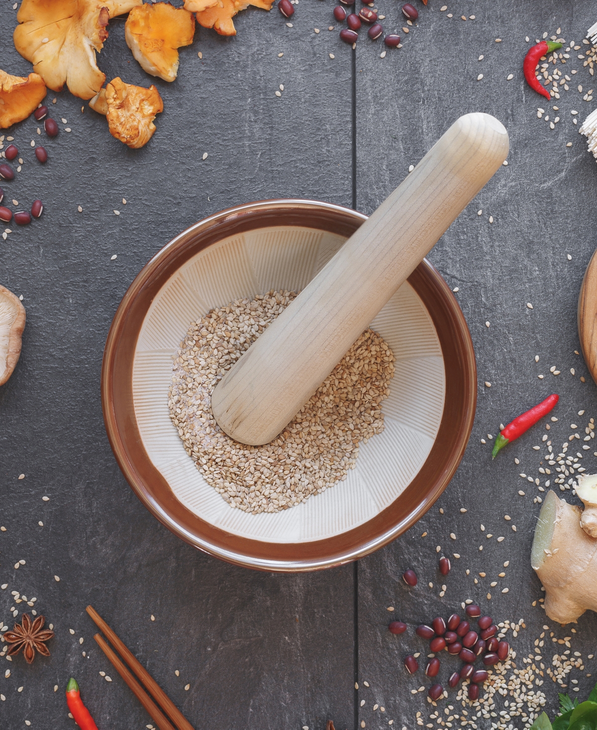 Helen's Asian Kitchen Suribachi Set, Ceramic Mortar Bowl with Maple Wood Pestle - Tan
