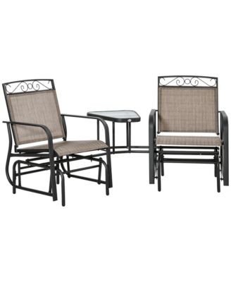 Outdoor Glider Chairs with Coffee Table, Patio 2-Seat Rocking Chair Swing with Breathable Sling for Backyard, Garden and Porch, Brown