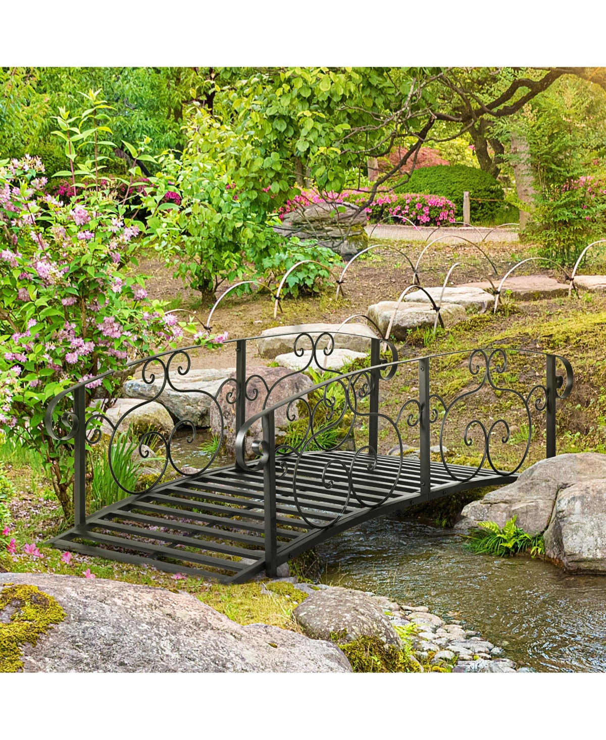 Outsunny Metal Arch Backyard Garden Bridge, Safety Siderails, Arc Footbridge for Backyard Creek, Stream, Pond,- Black