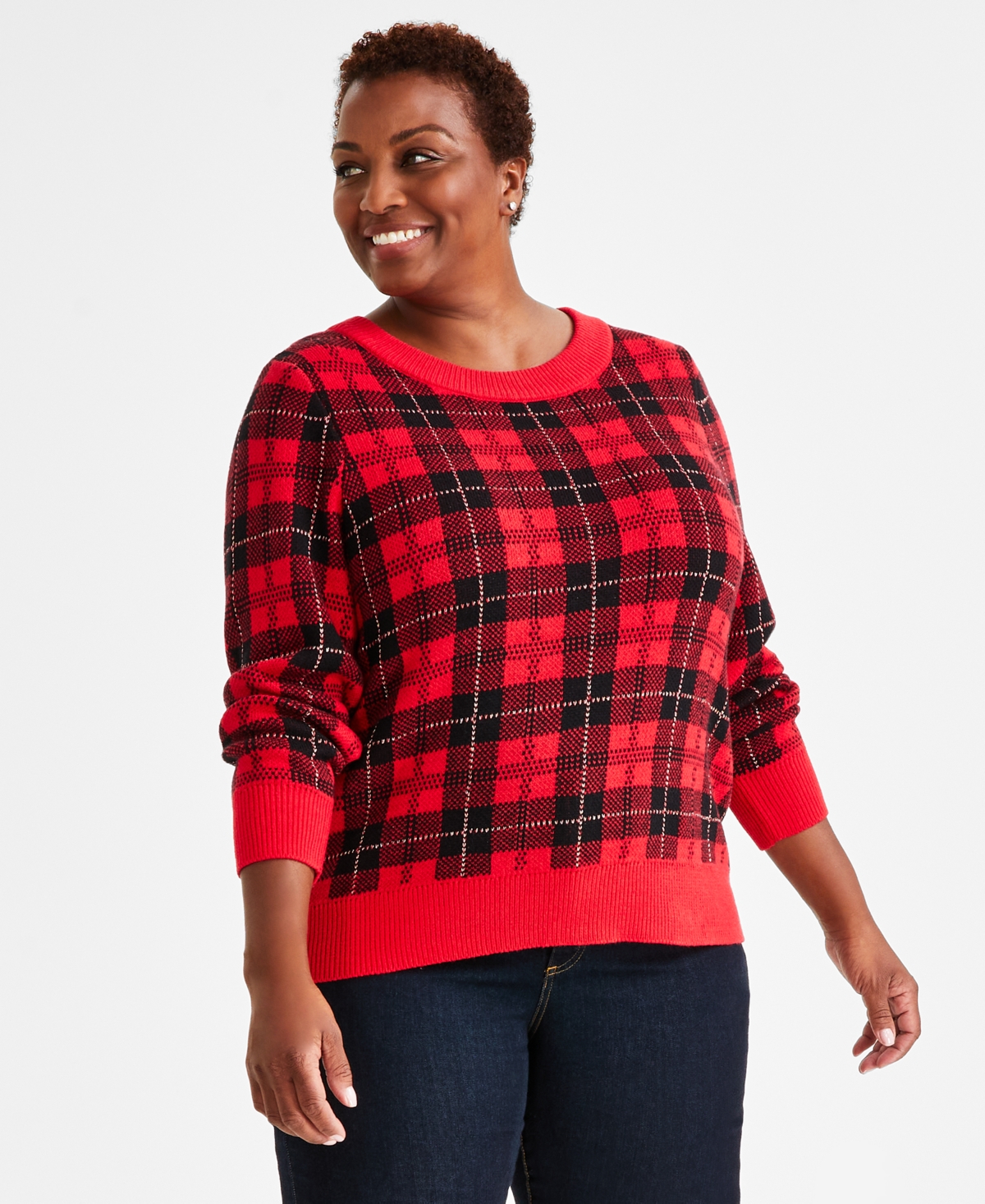 Style & Co Plus Size Novelty Pullover Sweater, Created For Macy's In Tango Red Plaid