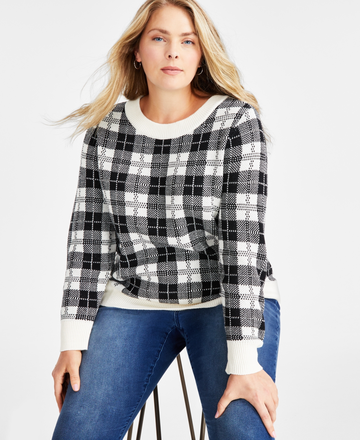 Style & Co Plus Size Novelty Pullover Sweater, Created For Macy's In Natural Ivory Plaid