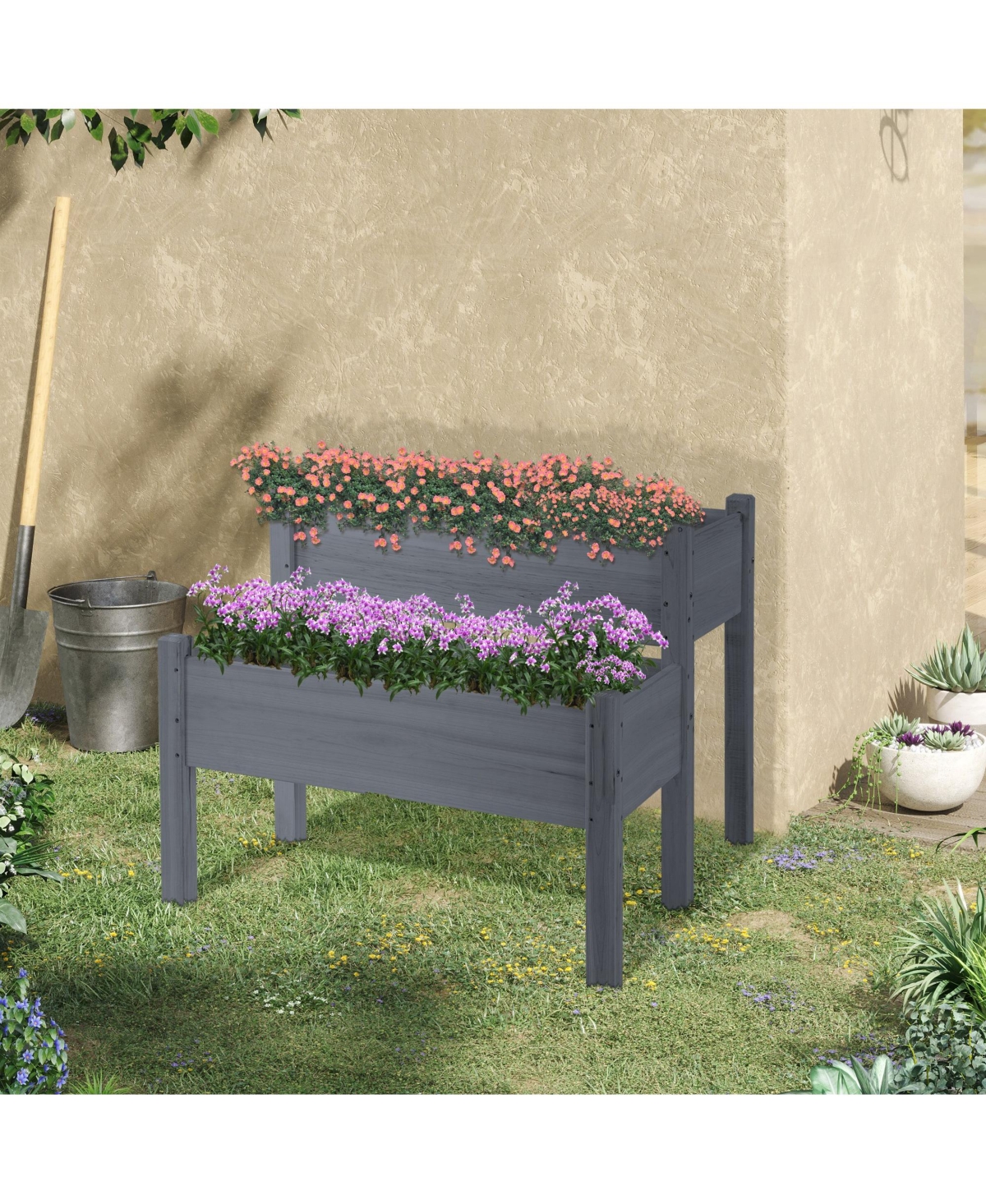 Outsunny 34" x 34" x 28" Raised Garden Bed 2-Tier Wooden Planter Box