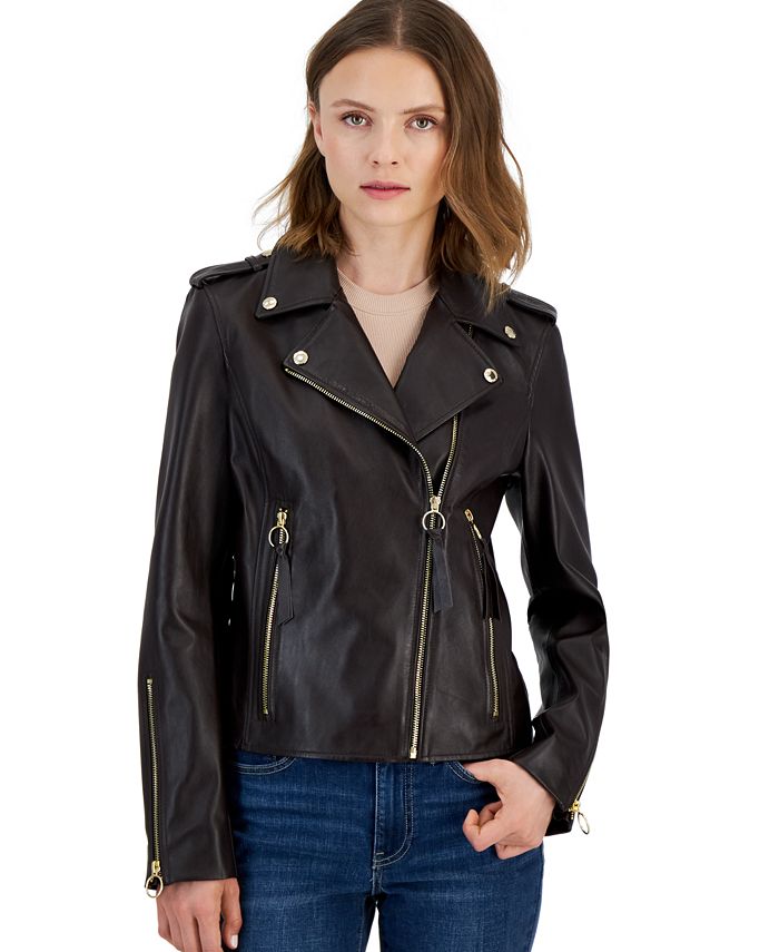 Sam Edelman Women's Leather Zip-Cuff Moto Jacket - Macy's