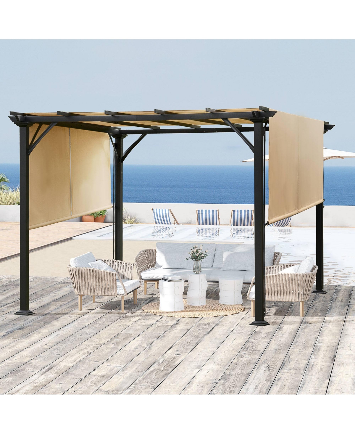 Outsunny 10' x 10' Outdoor Retractable Pergola Canopy with Sun Shade Unique Design Canopy Patio Metal Shelter for Garden Porch Beach