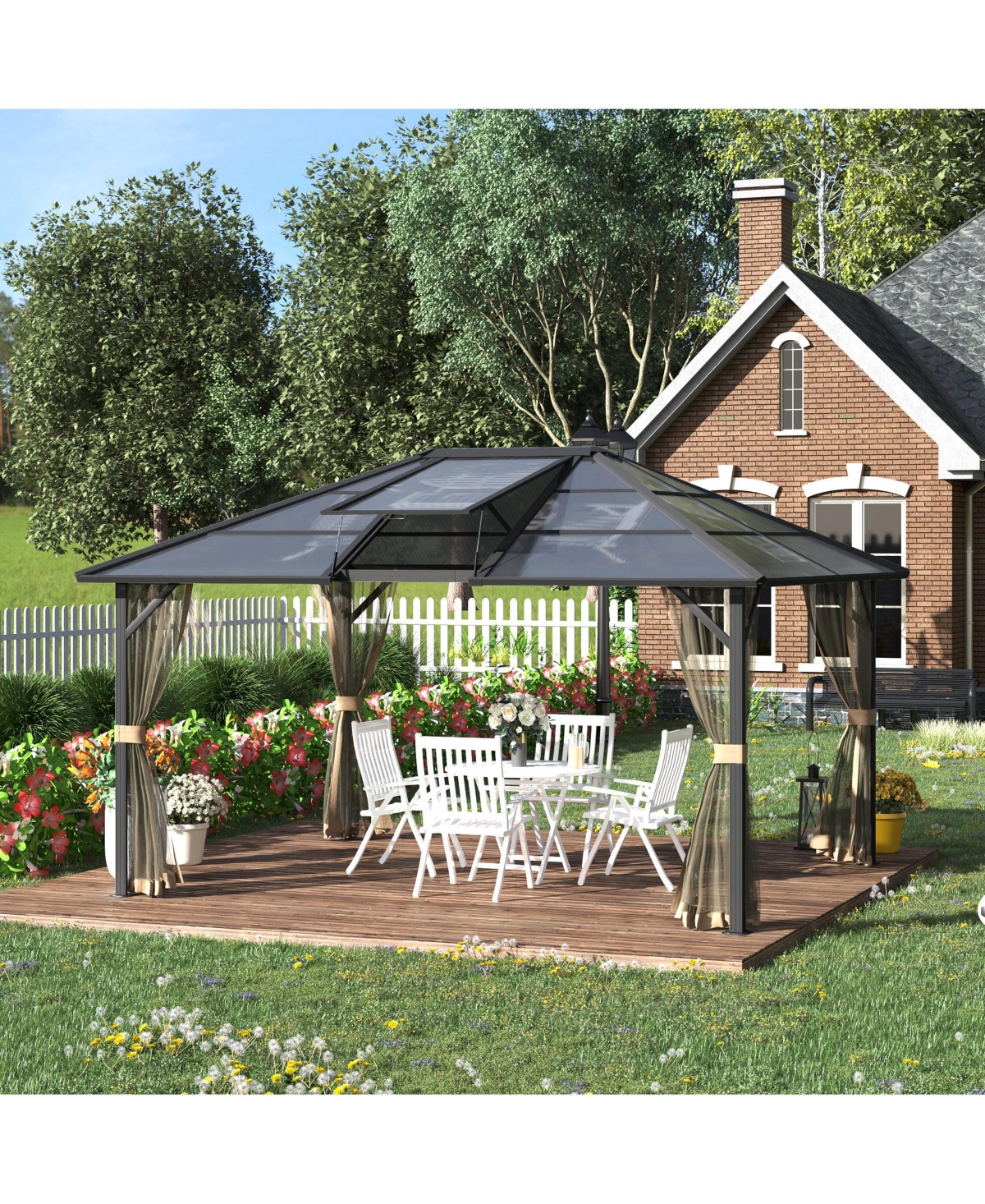 Outsunny 12x14 Hardtop Gazebo with Aluminum/Metal Frame, Polycarbonate Gazebo Canopy with Netting and Top Vent for Garden, Patio, Backyard,- Gre