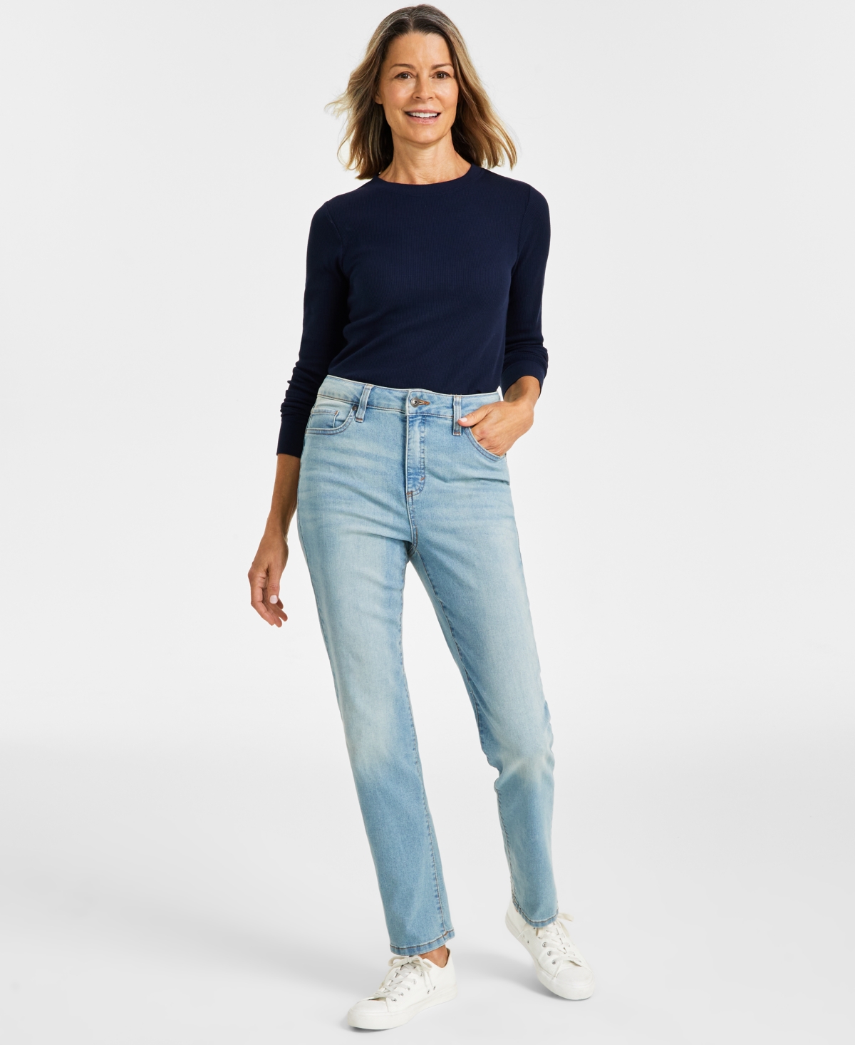 Shop Style & Co Petite High-rise Natural Straight-leg Jeans, Petite & Petite Short, Created For Macy's In Motif Wash