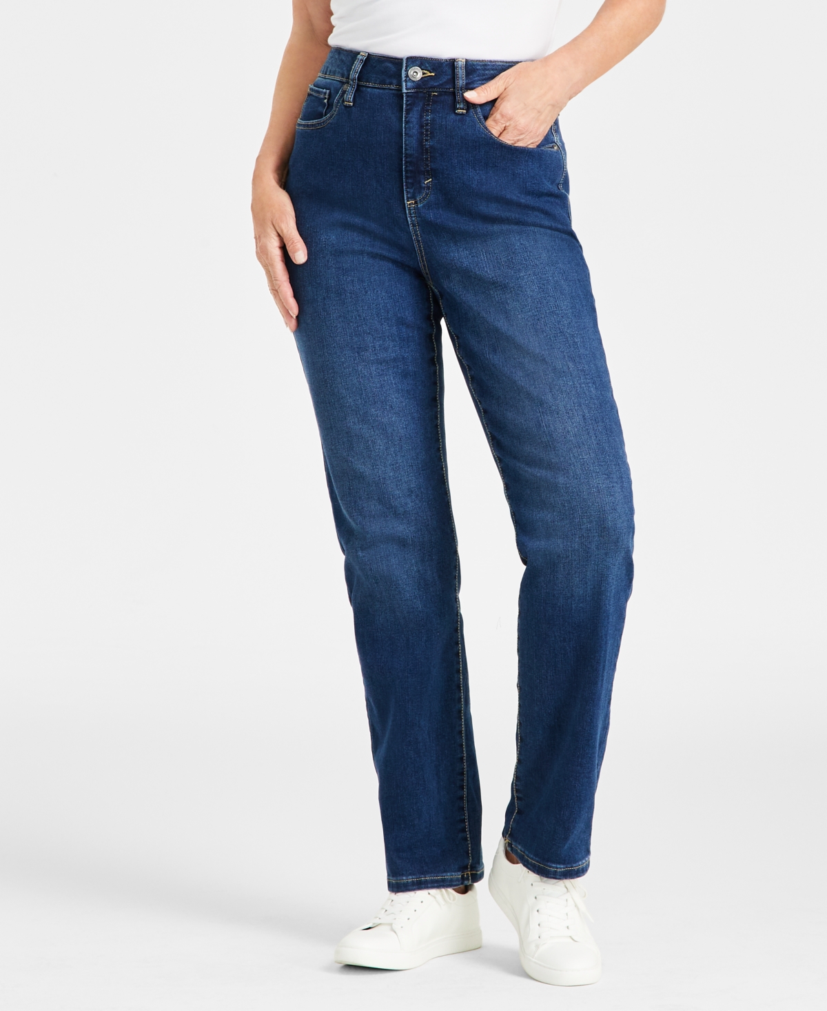 Shop Style & Co Petite High-rise Natural Straight-leg Jeans, Petite & Petite Short, Created For Macy's In Moddy Blue