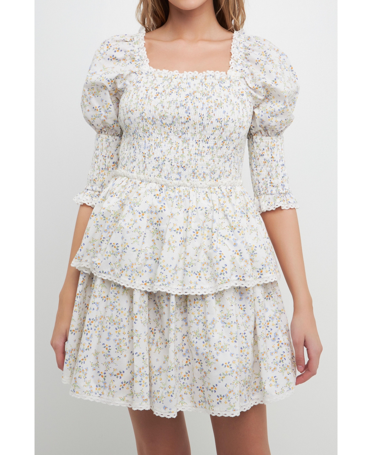 Women's Lace Trim Floral Print Smocked Sleeve Mini Dress - White
