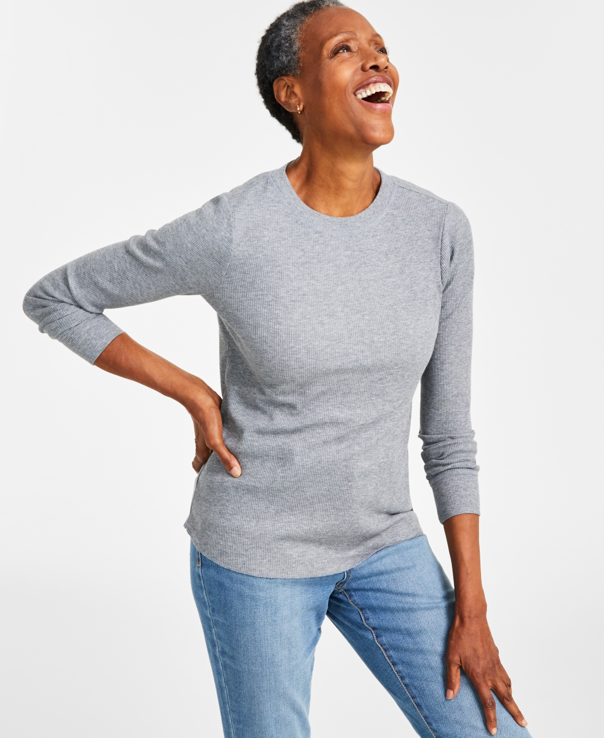 Style & Co Petite Waffle-knit Long-sleeve Crewneck Top, Created For Macy's In Medium Heather Grey