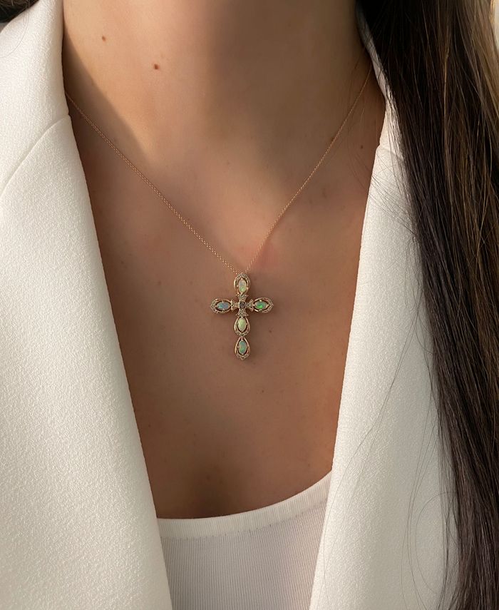 Le Vian - Neopolitan Opal (5/8 ct. t.w.) & Diamond (1/4 ct. t.w.) Cross 18" Pendant Necklace in 14k Rose Gold