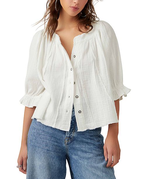 alfani Free People Women's Lucy Cotton Button-Front Swing Blouse Women's Fashion Shoes & Accessories