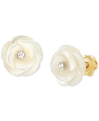 Children's Mother of Pearl & Crystal Flower Stud Earrings in 14k Gold