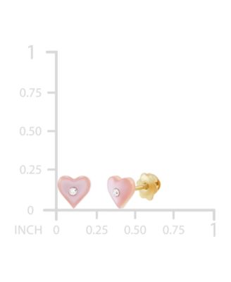 Children's Pink Mother of Pearl & Crystal Heart Stud Earrings in 14k Gold