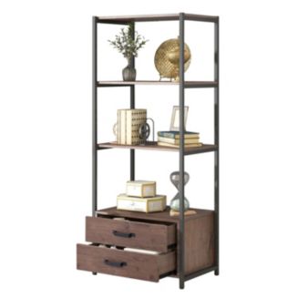 6-Tier Bookshelf Tall Rustic Bookcase 2 Drawers Storage Organizer