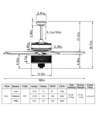 50'' Electric Crystal Ceiling Fan W/Light Adjustable Speed
