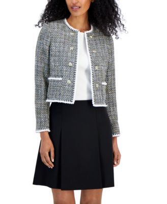 Tahari ASL - Women's Tweed Button-Front Fringe-Trim Blazer