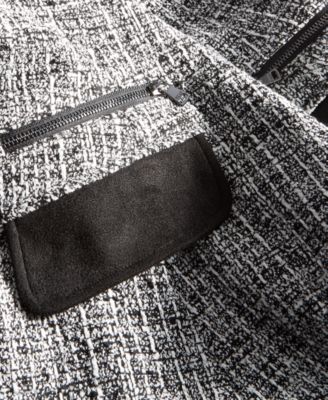 Short Sleeve Zipper Flap-Pocket A-line Tweed Dress