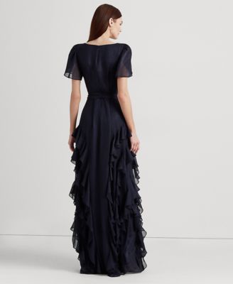 ラルフローレン★Ruffle-Trim llic Chiffon Gown Lauren Ralph Lauren Women's Blue Metallic Chiffon Ruffled