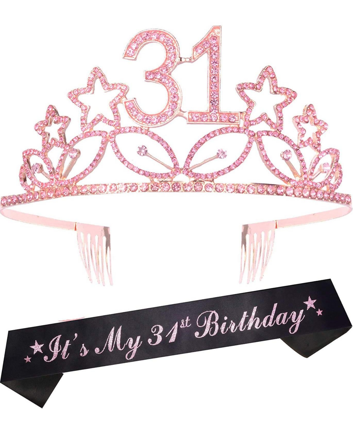 31st Birthday Sash and Tiara for Women - Fabulous Glitter Sash + Stars Rhinestone Pink Premium Metal Tiara for Her, 31st Birthday Gifts for