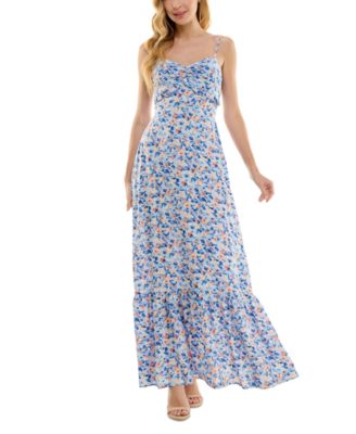 Kingston Grey - Juniors' Floral-Print Ruffled Ruched Maxi Dress