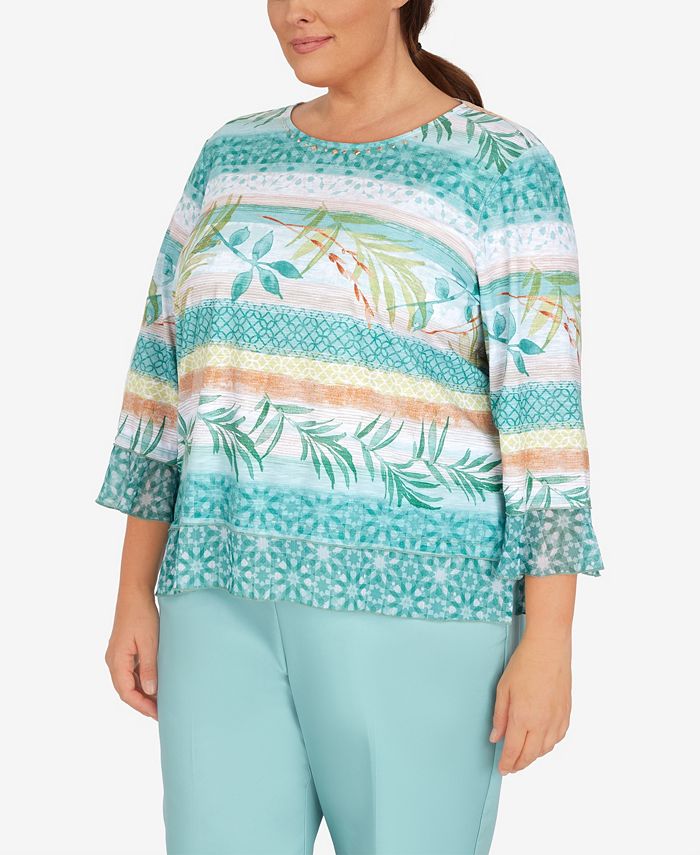 Alfred Dunner Plus Size Coconut Grove Texture Leaf Stripe 3/4 Sleeve ...