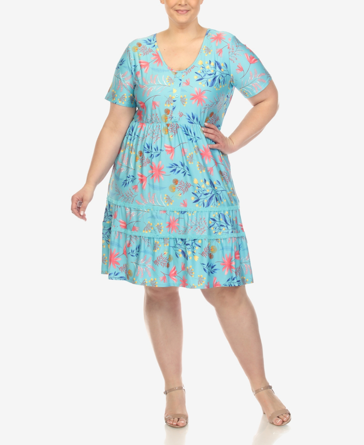 Shop White Mark Plus Size Floral Short Sleeve Knee Length Dress In Blue