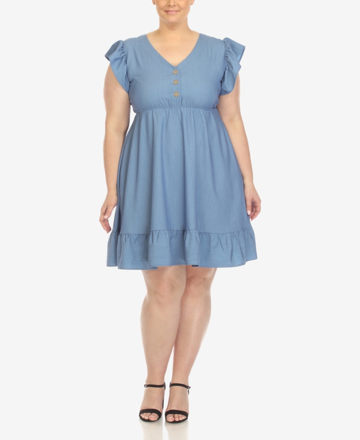 Shop White Mark Plus Size Ruffle Sleeve Knee-length Dress In Denim Blue