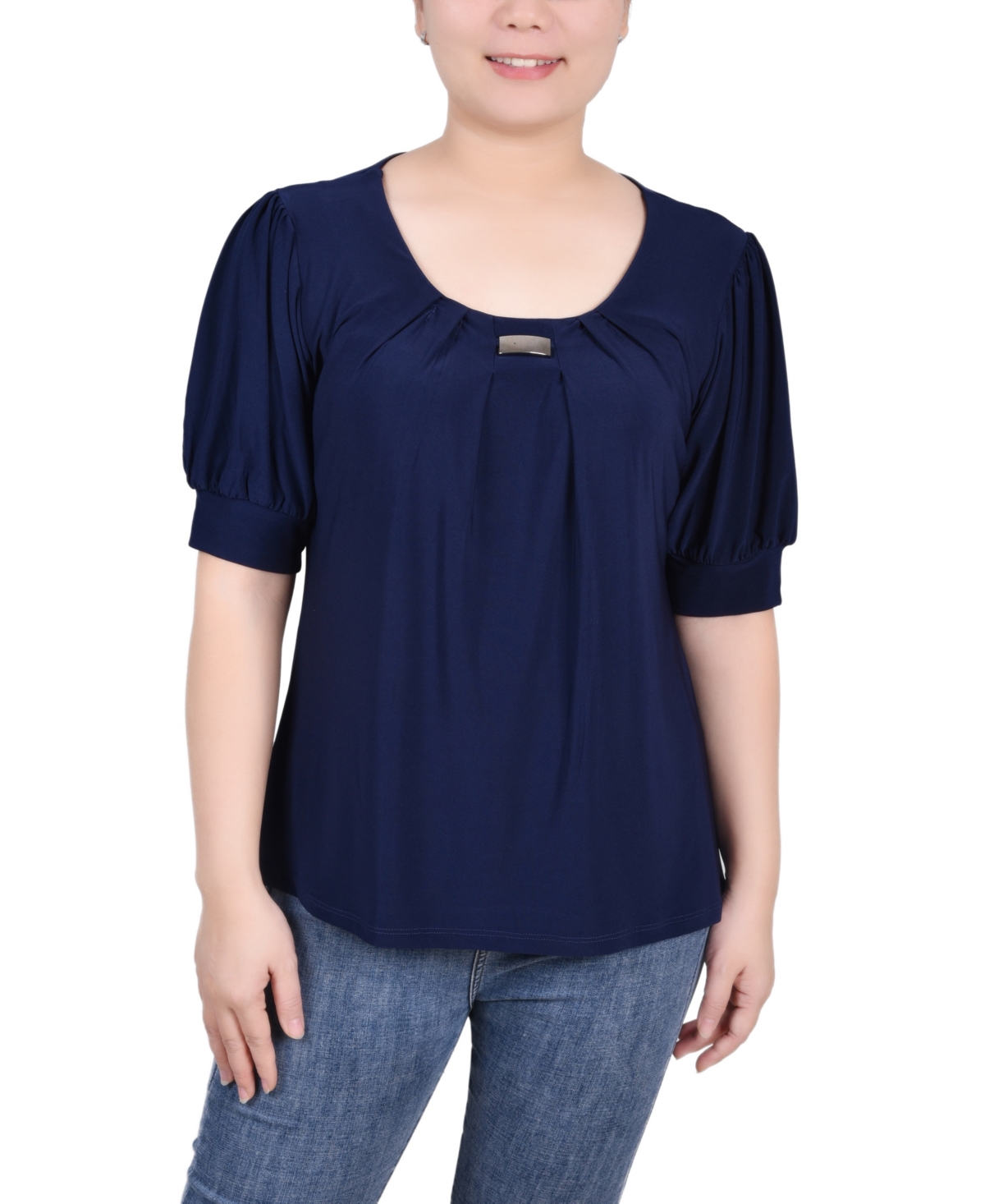 Ny Collection Plus Size Short Sleeve Balloon Sleeve Top With Hardware In Navy