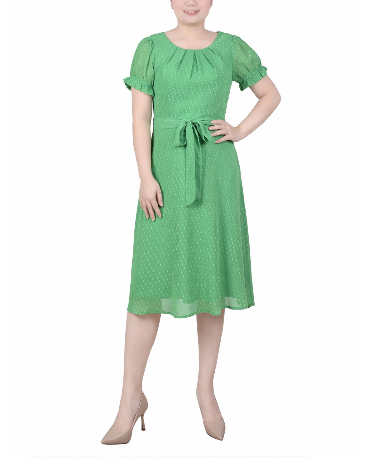 Ny Collection Women's Short Sleeve Belted Swiss Dot Dress In Kelly Green