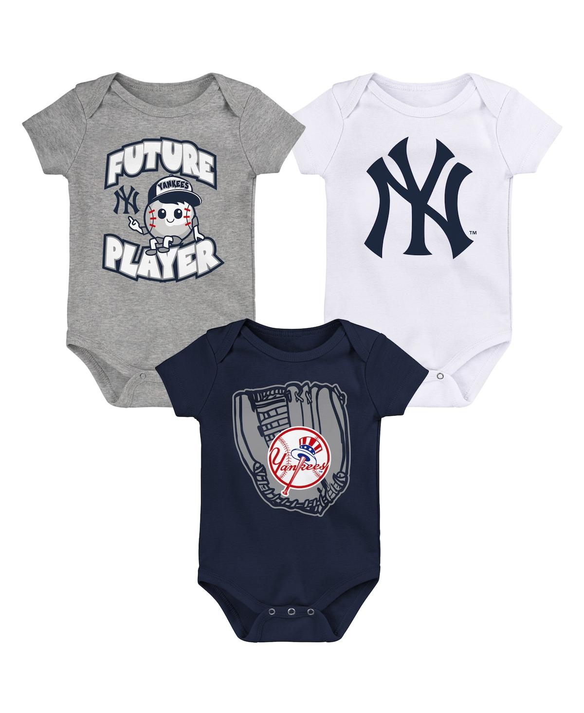 Outerstuff Babies' Newborn And Infant Boys And Girls Navy, White, Heather Gray New York Yankees Biggest Little Fan 3-pa In Heather Gray,navy,white