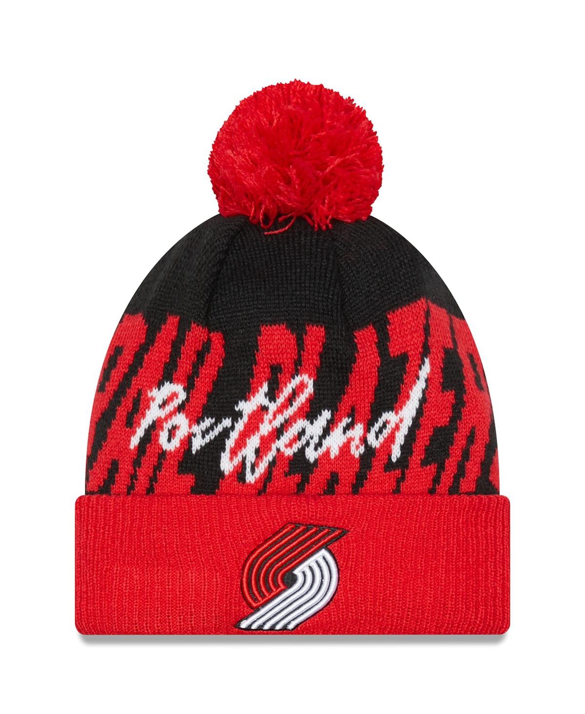 Men's New Era Red Portland Trail Blazers Confident Cuffed Knit Hat with Pom - Red