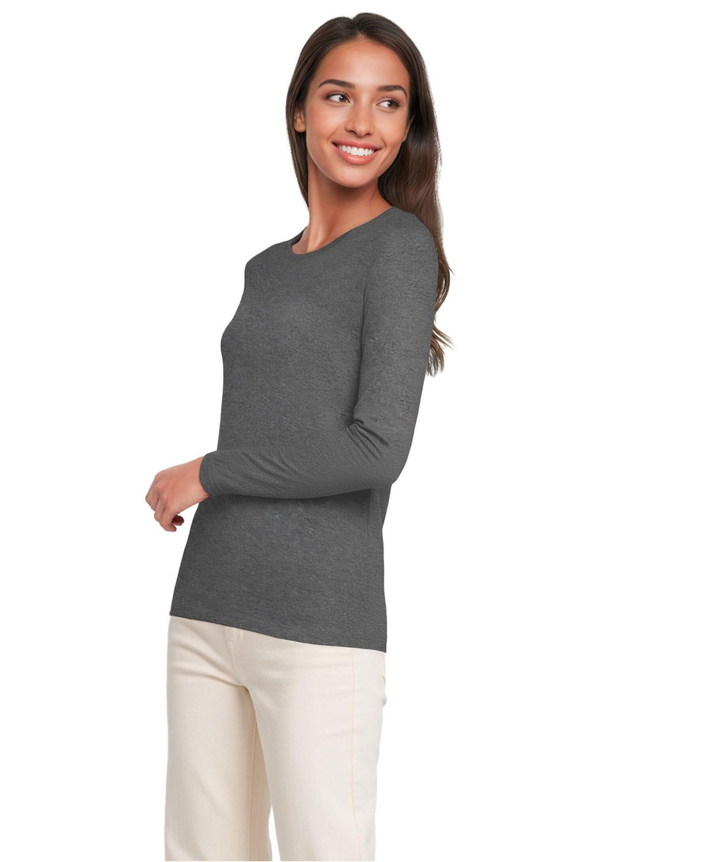Женская футболка Lands' End Relaxed Supima Cotton Long Sleeve Crew Neck, цвет: Угольный меланжевый — фото 4