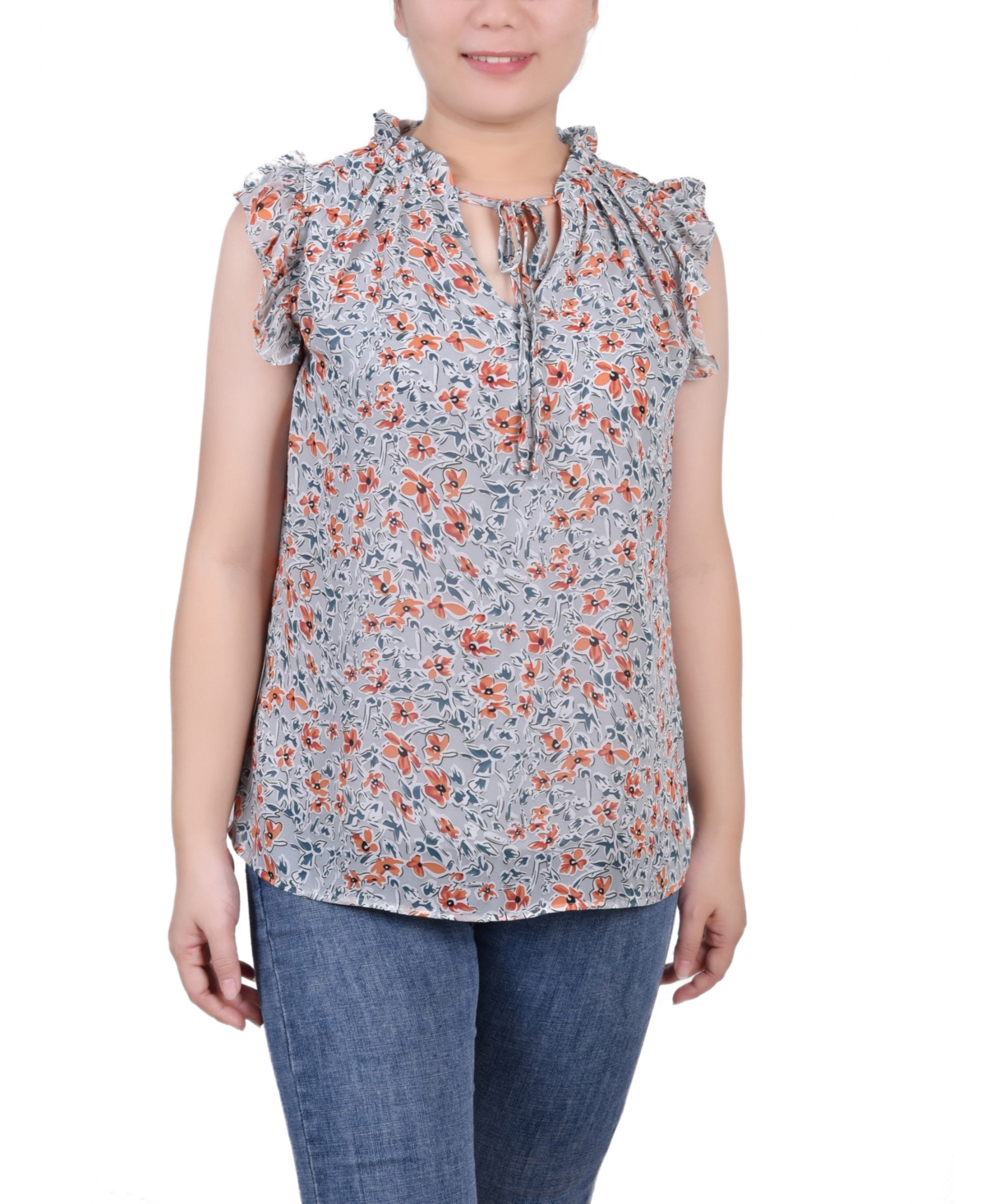 Ny Collection Petite Size Ruffled Sleeve Blouse With Tie Closure Top In Blue Green Orange Floral