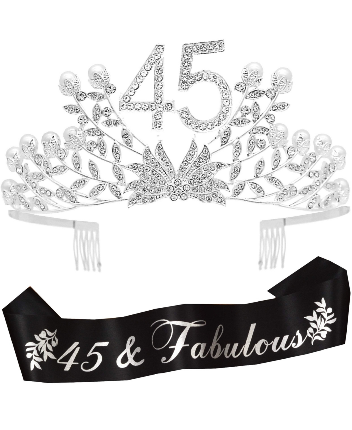 45th Birthday Sash and Tiara for Women - Fabulous Glitter Sash + Botanic Rhinestone Silver Premium Metal Tiara for Her, 45th Birthday Gifts for 45 Par