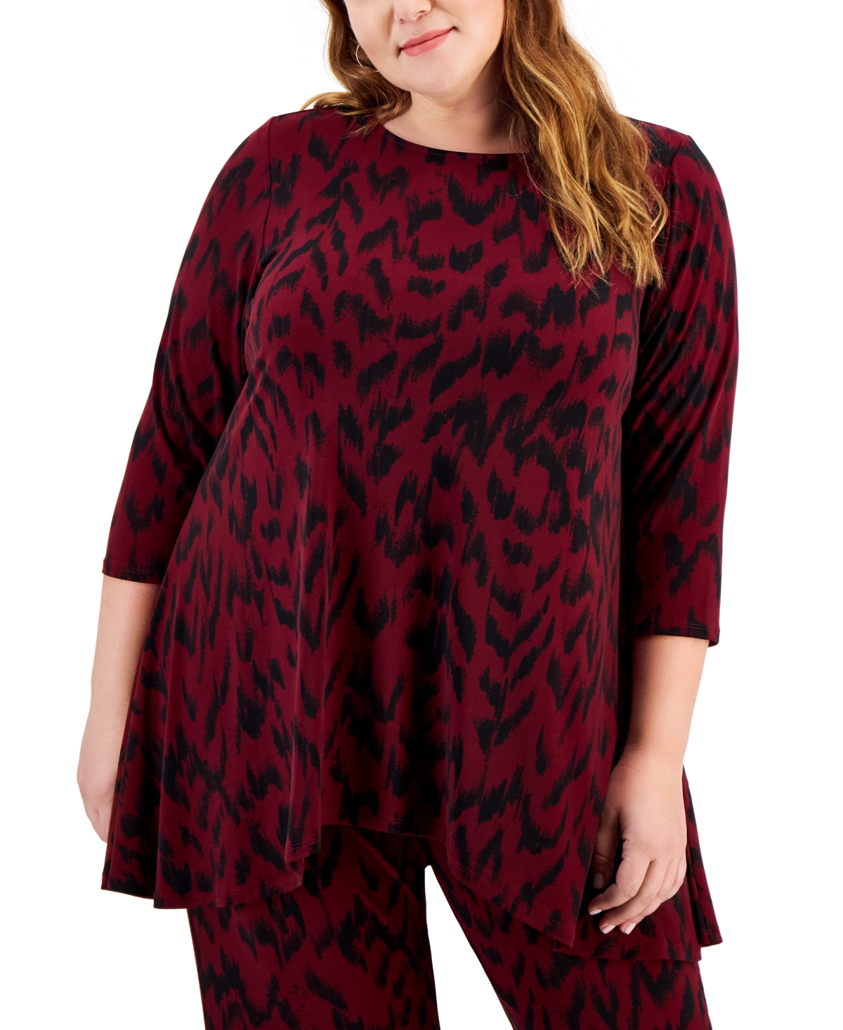 Jm Collection Plus Size Printed Swing Top, Created For Macy's In Dark Rust Combo