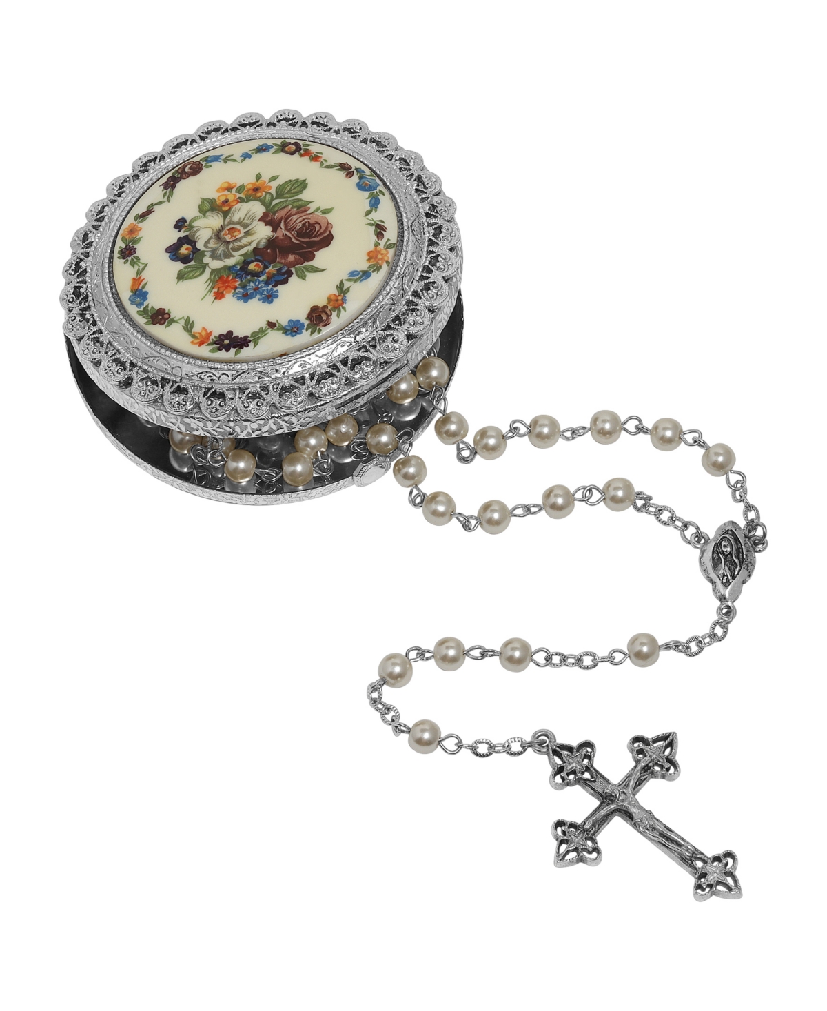2028 Imitation Pearl Rosary With Floral Box In White