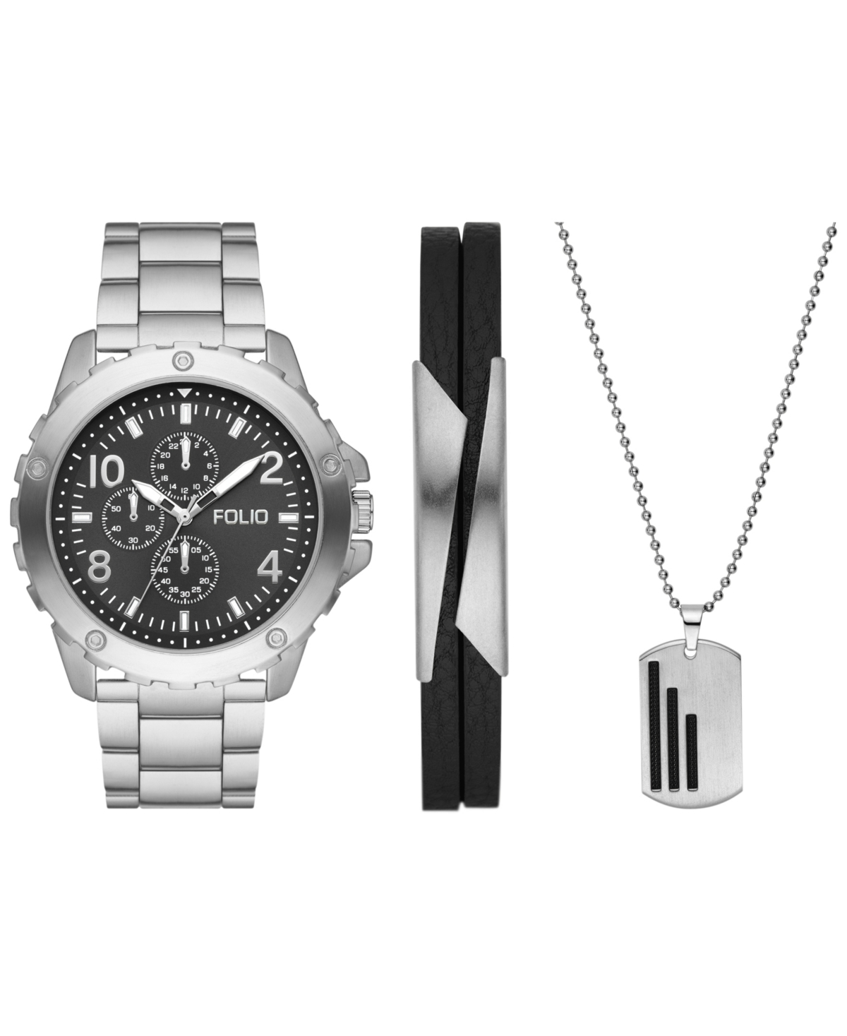 Folio Men's Three Hand Silver-Tone 48mm Watch, Bracelet and Necklace Gift Set, 3 Pieces