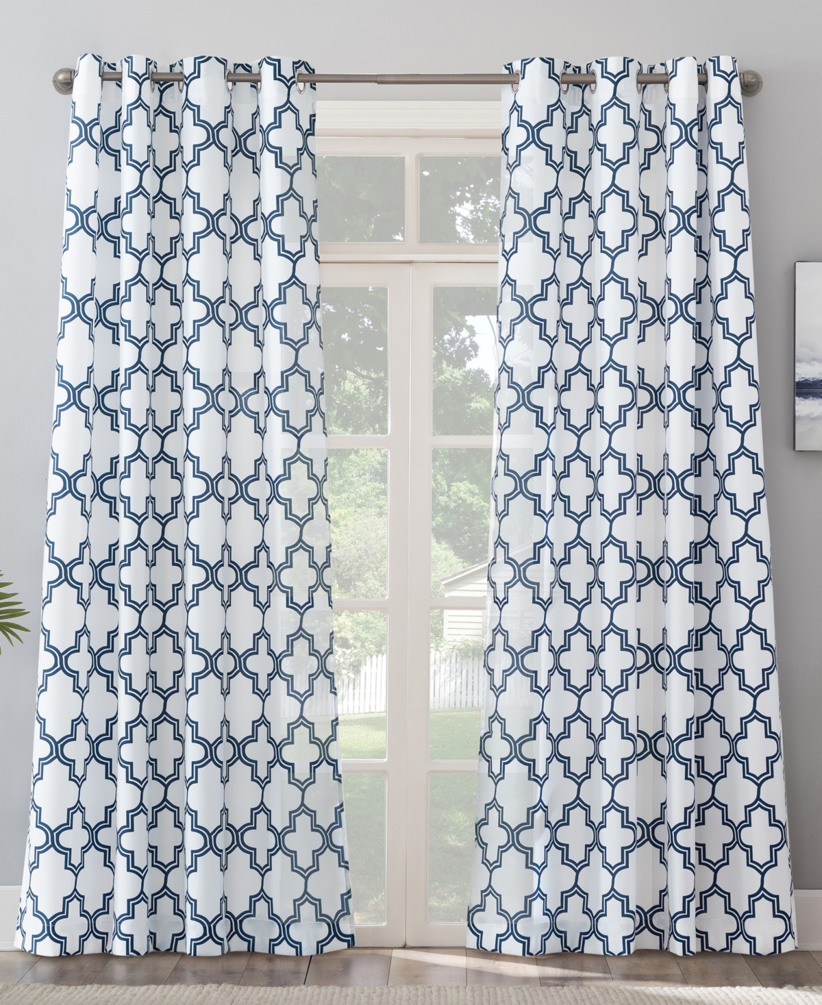 Sun Zero Ria Trellis Print Indoor, Outdoor Uv Protectant Room Darkening Grommet Single Curtain Panel, 54" X 9 In Navy